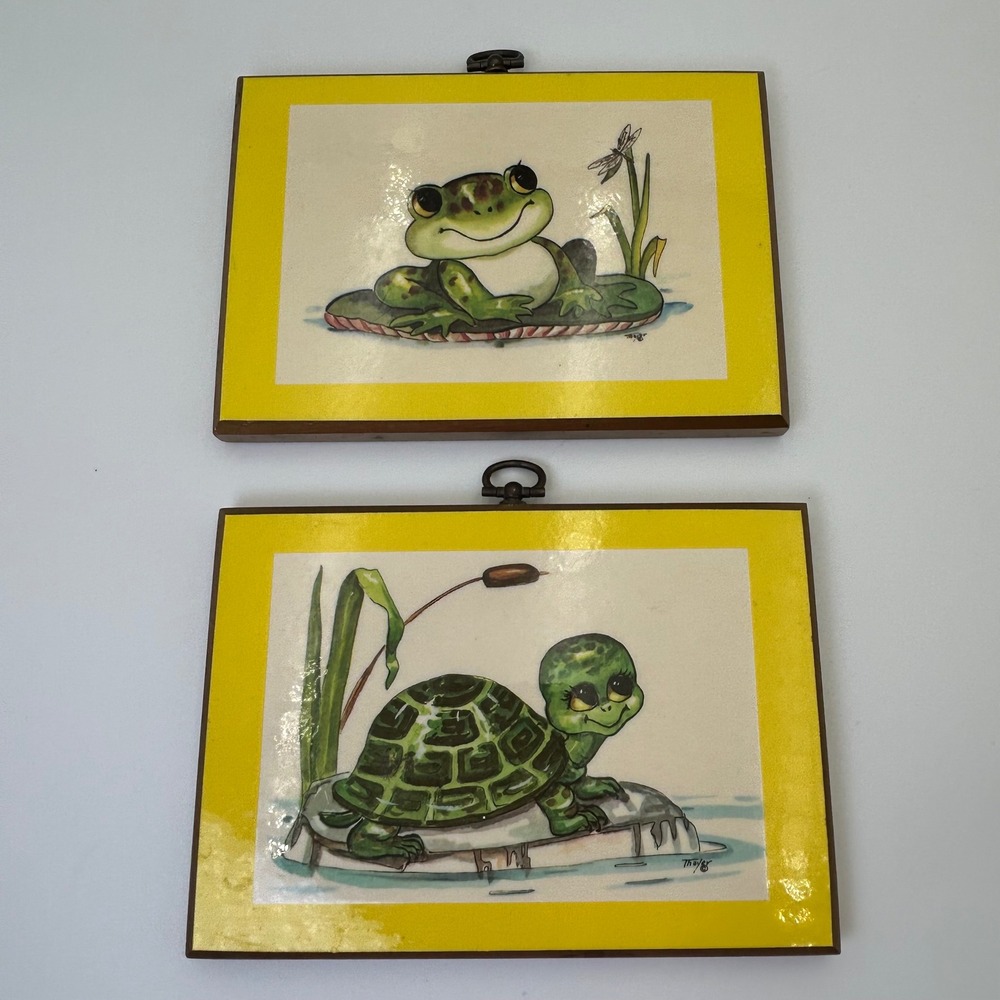 VTG Sears Wood Frog Turtle Hanging Wall Art Plaques Yellow Retro Set 80's Decor